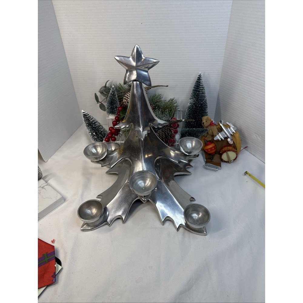 Cast Silver Metal Christmas Tree Candle Holder 14" Tall. Holds 8 Rd Candles.